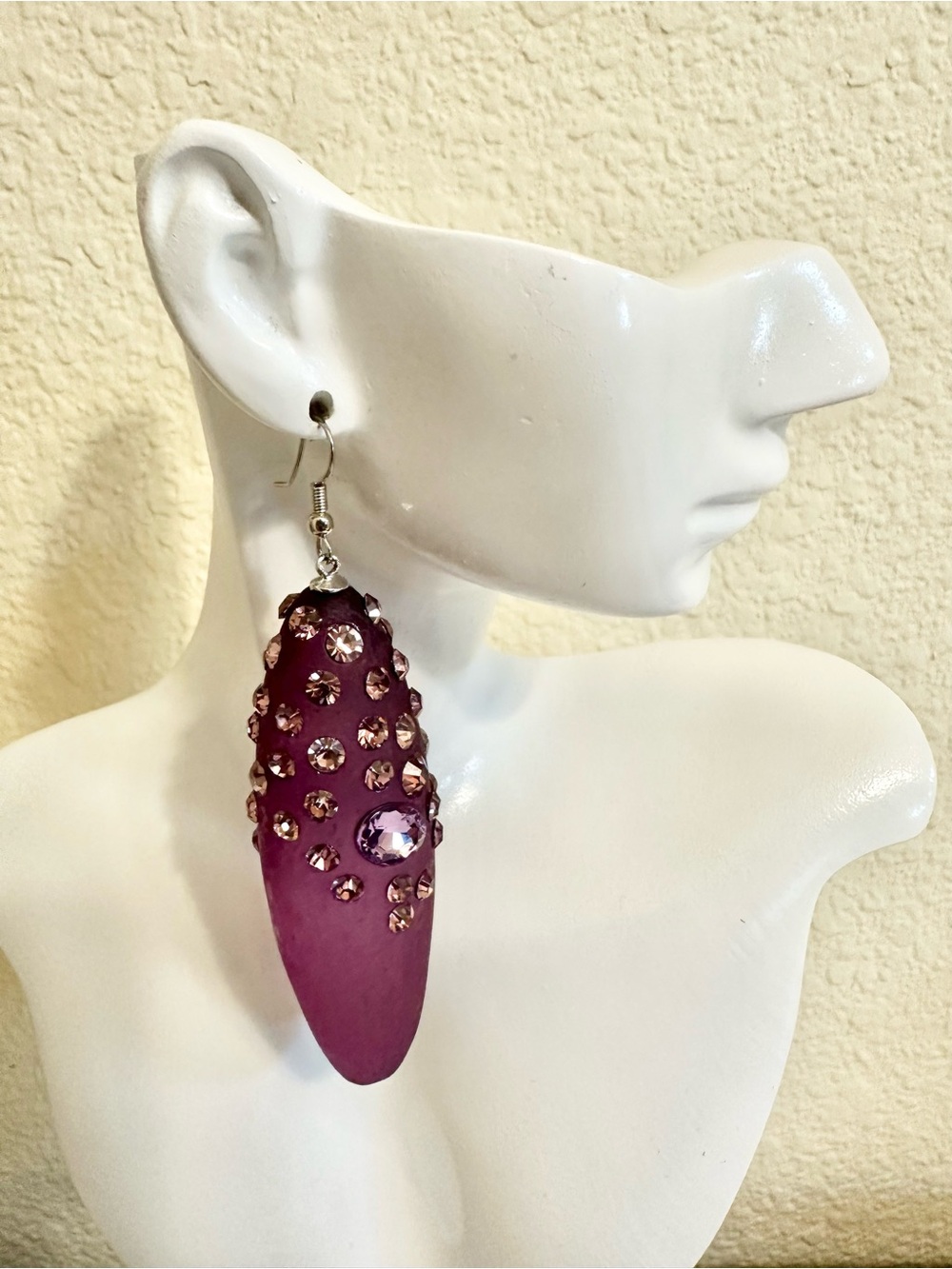 4” Stunning Vintage Genuine Purple Lucite & Crystal Earrings (Moderate Weight)